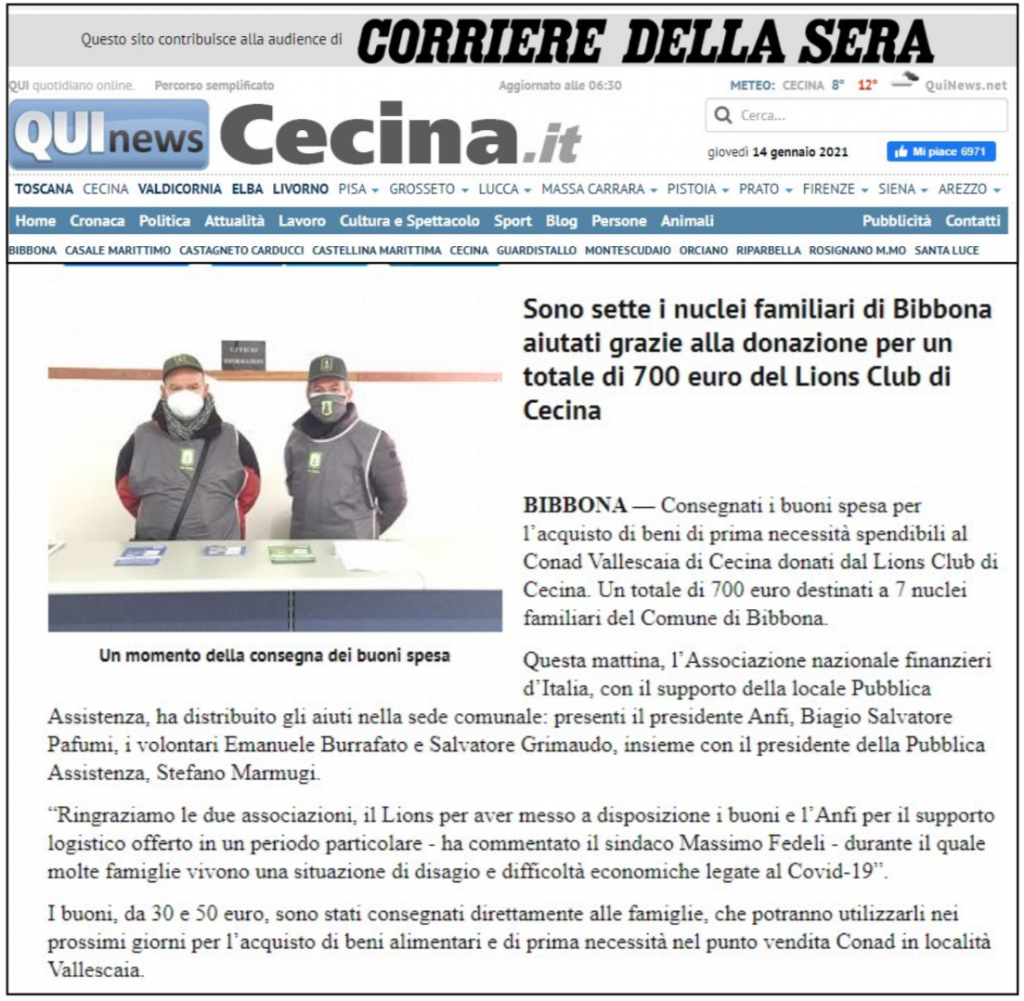 QuiNews Cecina (14 gennaio 2021) – Sono 7 i nuclei familiari di Bibbona aiutati grazie alla donazione per un totale di 700 euro del Lions Club di Cecina