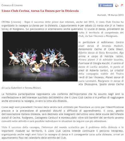 You News - Lions Club Cecina, torna La Danza per la Dislessia