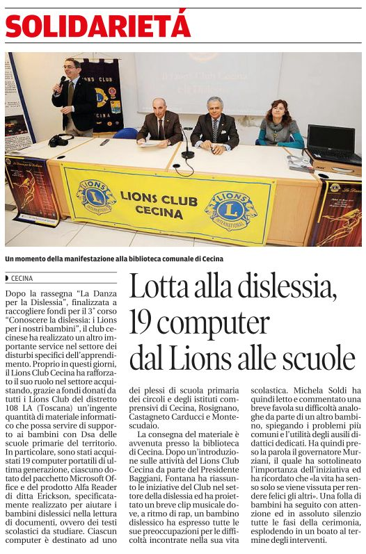 Il Tirreno - Lotta alla dislessia, 19 computer dal Lions alle scuole