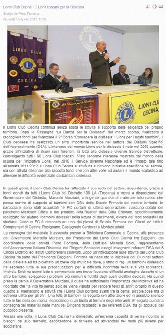 Etruria Lions - La consegna dei computer per la dislessia