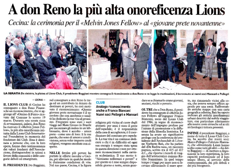 La Nazione - A don Reno la più alta onoreficenza Lions