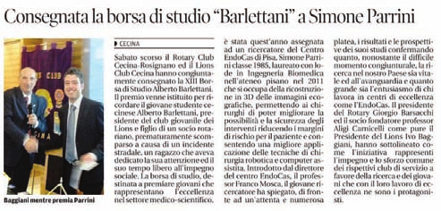 Consegnata la borsa di studio «Barlettani» a Simone Parrini