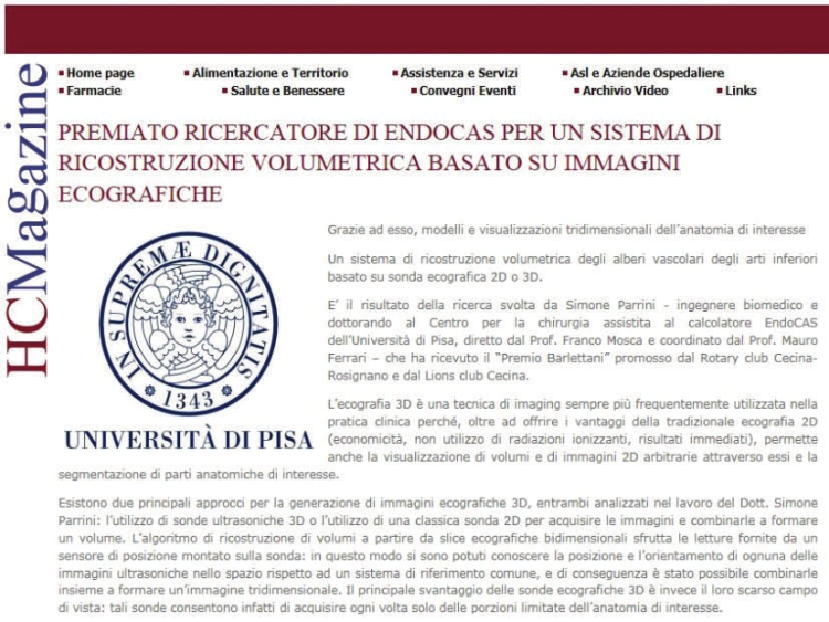 HCMagazine - Premiato ricercatore di EndoCAS per un sistema di ricostruzione volumetrica basato su immagini ecografiche