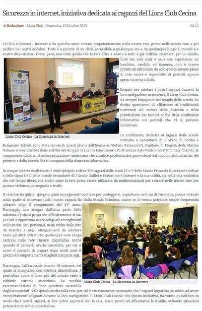 You News - Sicurezza in internet, iniziativa dedicata ai ragazzi del Lions Club Cecina