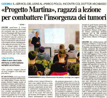 La Nazione - «Progetto Martina», ragazzi a lezione per combattere l'insorgenza dei tumori