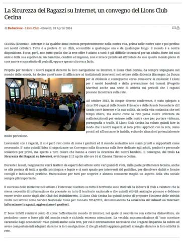 You News - La Sicurezza dei Ragazzi su Internet, un convegno del Lions Club Cecina