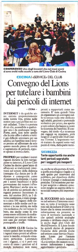 La Nazione - Convegno del Lions per tutelare i bambini dai pericoli di internet