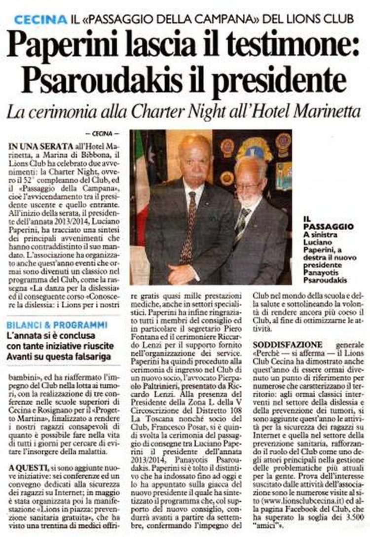 Il «passaggio della campana» del Lions Club: Paperini lascia il testimone, Psaroudakis il presidente