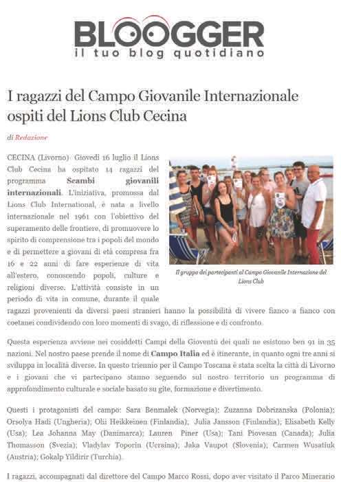 BLOOGGER - I ragazzi del Campo Giovanile Internazionale ospiti del Lions Club Cecina