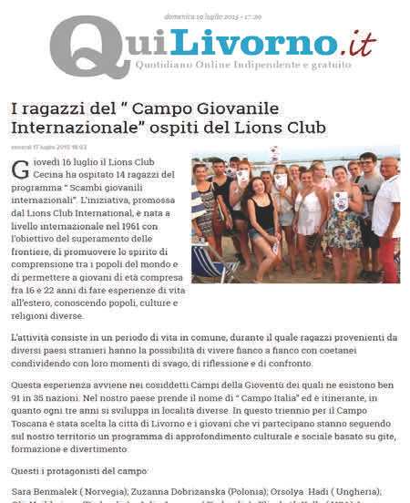 QuiLivorno.it - I ragazzi del «Campo Giovanile Internazionale» ospiti del Lions Club