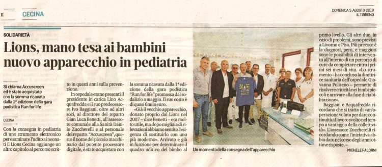 Il Tirreno 5 agosto 2018 - Lions, mano tesa ai bambini: nuovo apparecchio in pediatria