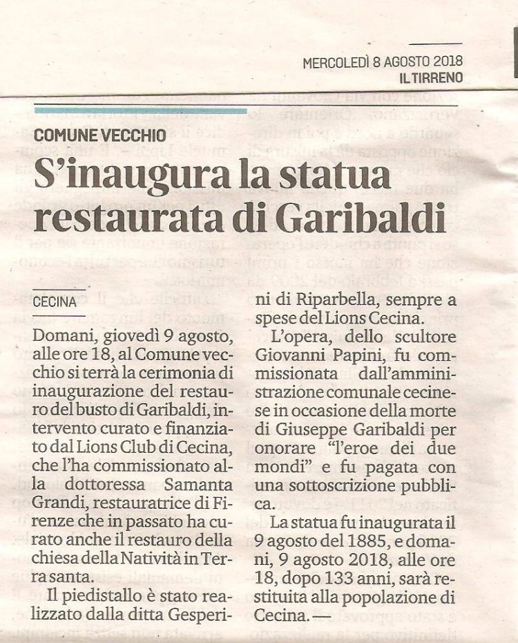 Il Tirreno 8 agosto 2018 - S'inaugura la statua restaurata di Garibaldi