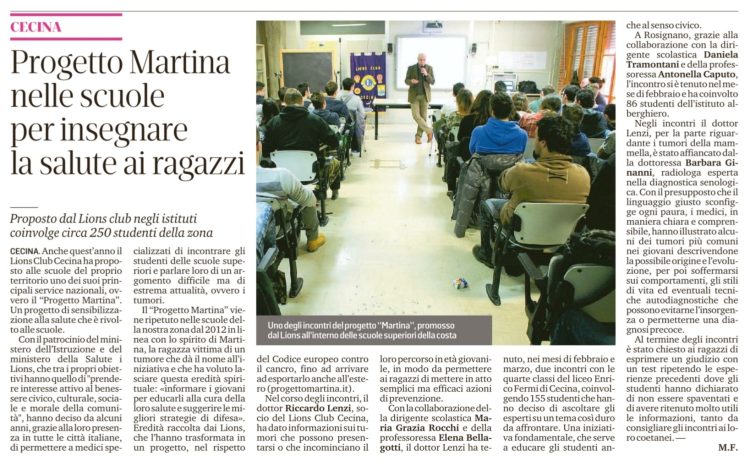 Il Tirreno 17 marzo 2019 - Progetto Martina nelle scuole per insegnare la salute ai ragazzi