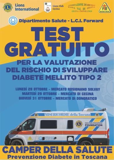 I Lions per la prevenzione del diabete - Il "Camper della Salute" ai mercati di Rosignano,