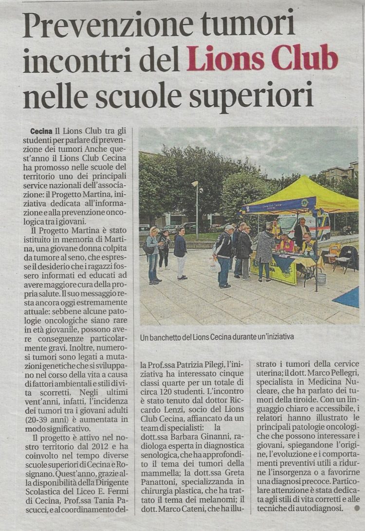 Prevenzione tumori: incontri del Lions Club nelle scuole superiori