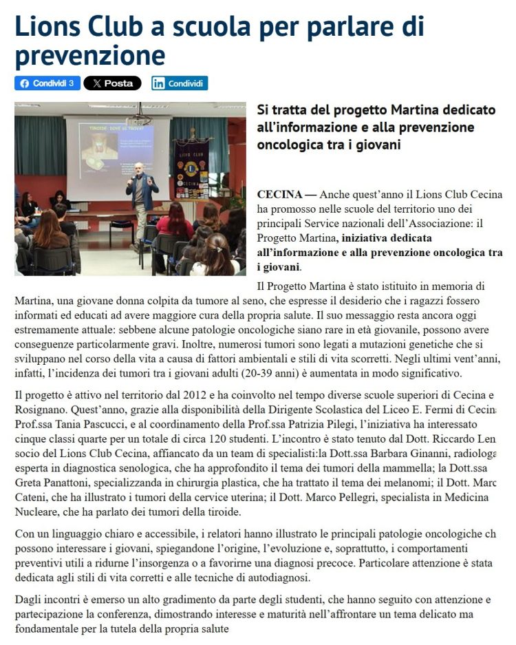 Lions Club a scuola per parlare di prevenzione