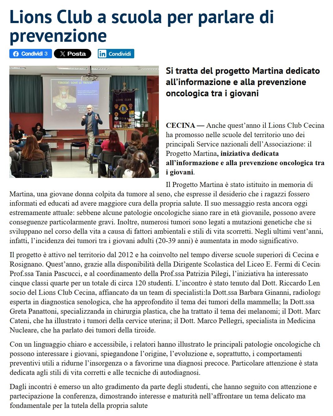 Lions Club a scuola per parlare di prevenzione