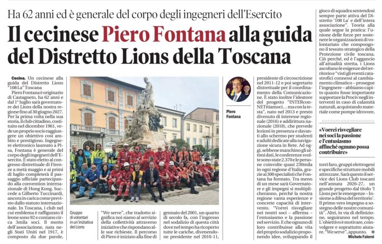 Il cecinese Piero Fontana alla guida del Distretto Lions della Toscana