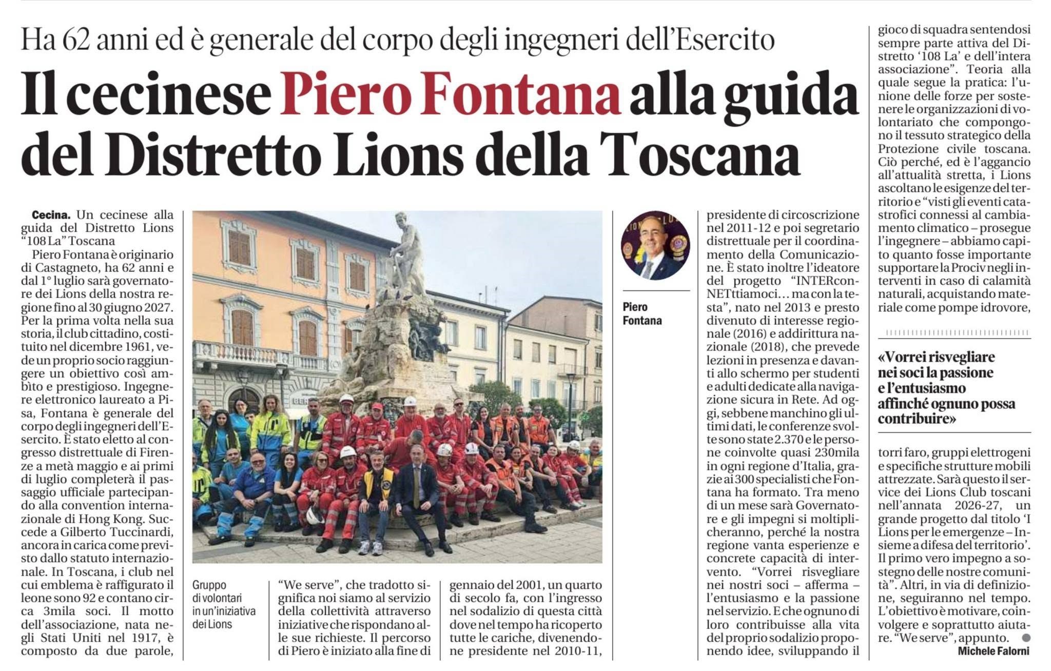 Il cecinese Piero Fontana alla guida del Distretto Lions della Toscana